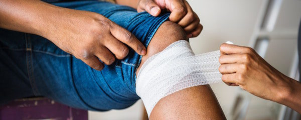 close up of bandaged knee
